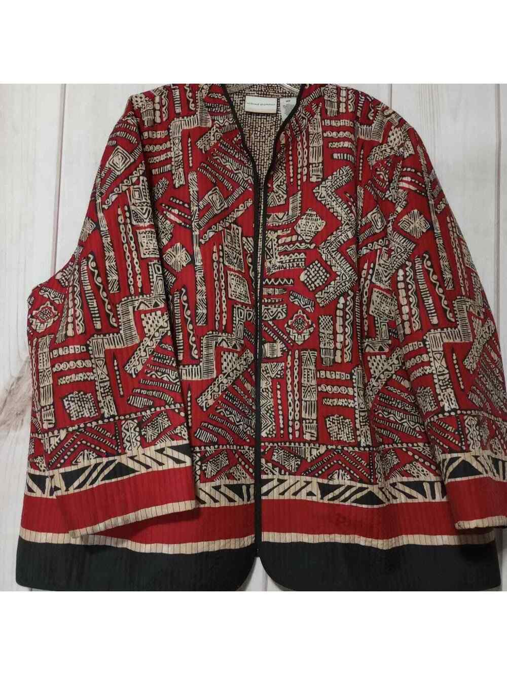 Alfred Dunner Woman Jacket Size L Red Black Beige Abstract Pattern Casual